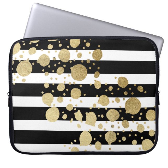 Faux Gold Paint Splatter op zwart-wit Laptop Sleeve (Voorkant)