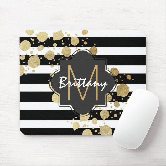Faux Gold Paint Splatter op zwart-wit monogram Muismat (Met muis)