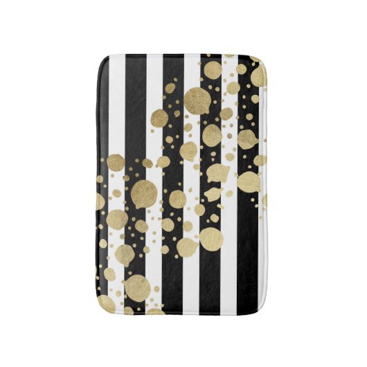 Faux Gold Paint Splatter op zwarte en witte strepe Badmat (Voorkant Verticaal)