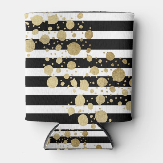 Faux Gold Paint Splatter op zwarte en witte strepe Blikjeskoeler (Voorkant)