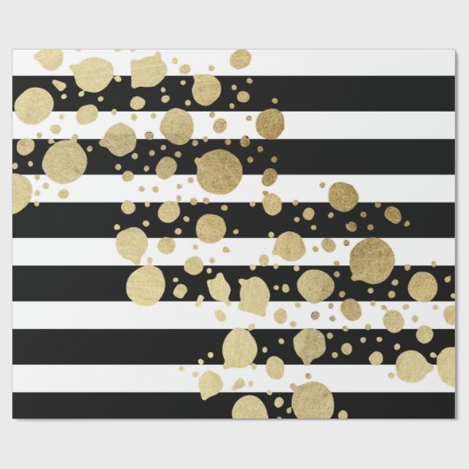 Faux Gold Paint Splatter op zwarte en witte strepe Cadeaupapier (Vlak)