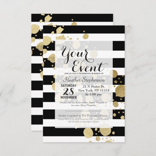 Faux Gold Paint Splatter op zwarte en witte strepe Kaart (Voorkant / Achterkant)