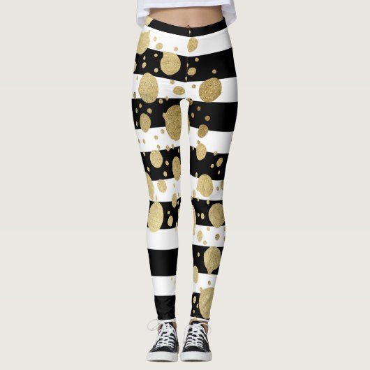 Faux Gold Paint Splatter op zwarte en witte strepe Leggings (Voorkant)