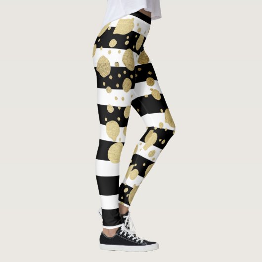 Faux Gold Paint Splatter op zwarte en witte strepe Leggings (Rechts)
