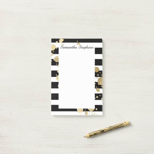 Faux Gold Paint Splatter op zwarte en witte strepe Post-it® Notes (Op bureau)