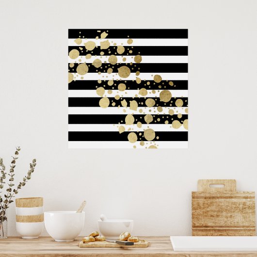 Faux Gold Paint Splatter op zwarte en witte strepe Poster (Keuken)
