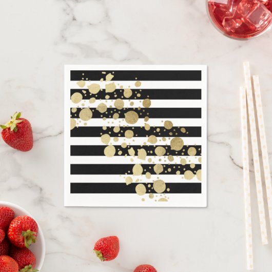 Faux Gold Paint Splatter op zwarte en witte strepe Servet (Insitu)