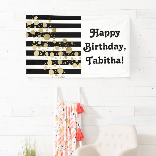 Faux Gold Paint Splatter op zwarte en witte strepe Spandoek (Insitu)