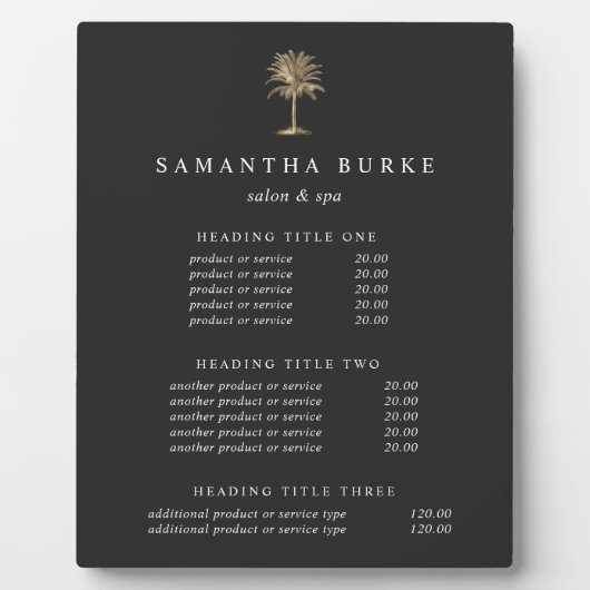 Faux Gold Palm Tree Pricing/Services-scherm Fotoplaat (Voorkant)
