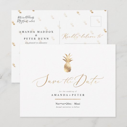 Faux Gold Pineapple Save the Date Briefkaart (Voorkant / Achterkant)