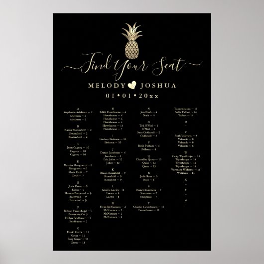 FAUX GOLD PINEAPPLE SEINGESCHART, ALFABETISCH POSTER (Voorkant)