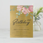 FAUX GOLD PINK BLUE PEONY FLORAL ELKE LEEFTIJD BIE KAART (Staand voorkant)