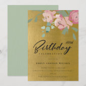 FAUX GOLD PINK BLUE PEONY FLORAL ELKE LEEFTIJD BIE KAART (Voorkant / Achterkant)