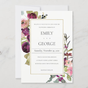 FAUX GOLD PINK BURGUNDY ROOS FLORAL WEDDING INVITE BEDANKKAART
