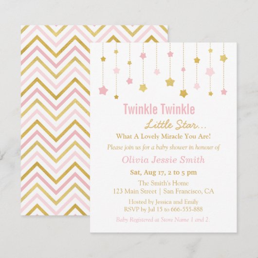 Faux Gold Pink Twinkle Twinkle Little Star Baby Kaart (Voorkant / Achterkant)