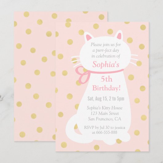 Faux Gold Polka Dots Wit Kat Verjaardagsfeestje Kaart (Voorkant / Achterkant)