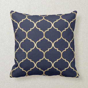 Faux Gold Quatrefoil Patroon Blauw Kussen