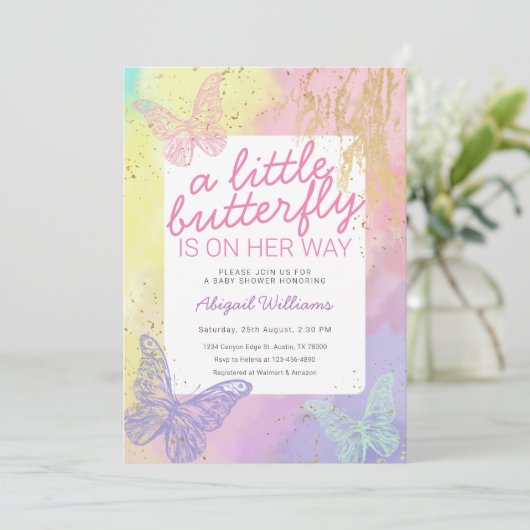 Faux Gold Rainbow Butterflies Girl Baby shower Kaart (Staand voorkant)