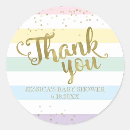 Faux Gold Rainbow Stripes Baby shower Hartelijk da Ronde Sticker (Voorkant)