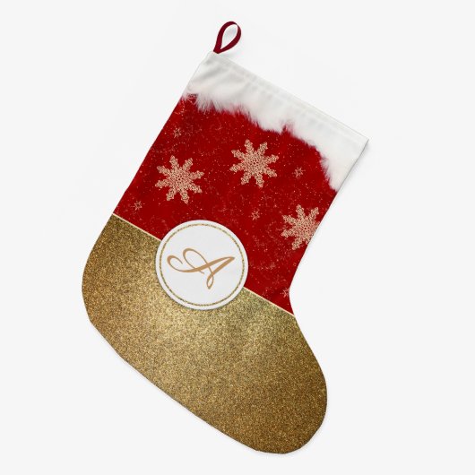 Faux Gold Red en White Monogram Grote Kerstsok (Voorkant (Hangend))