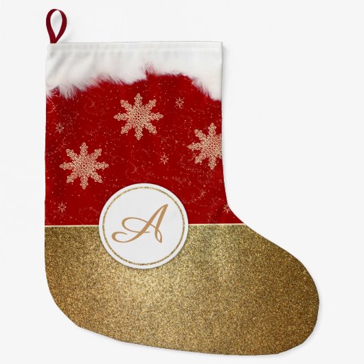 Faux Gold Red en White Monogram Grote Kerstsok (Voorkant)