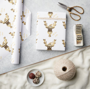Faux Gold Reindeer Pattern Moderne White Kerstmis Cadeaupapier
