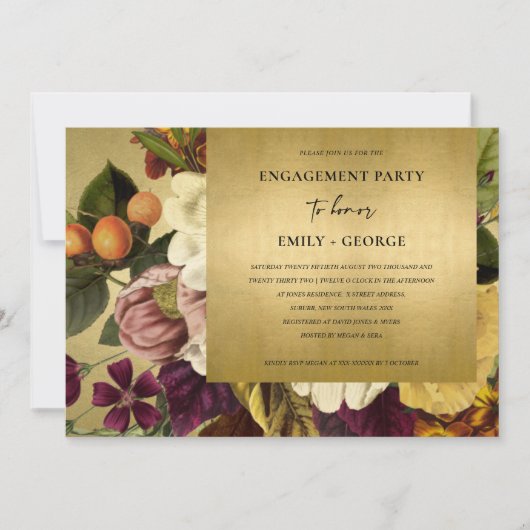 FAUX GOLD  RETRO BURGUNDY FLORAL VERLOVING KAART (Voorkant)