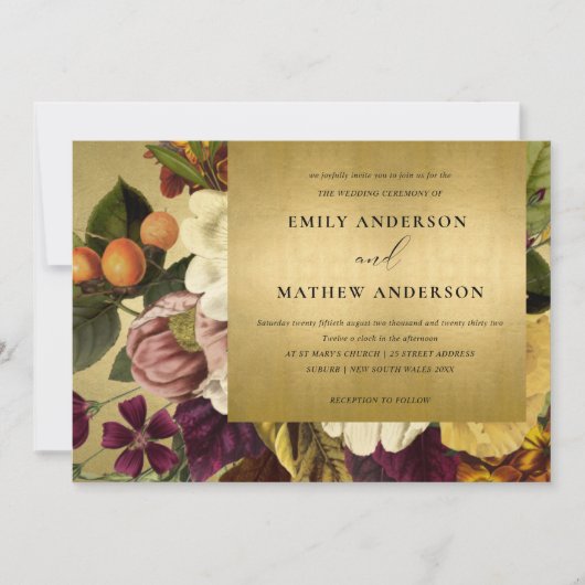 FAUX GOLD  RETRO BURGUNDY FLORAL WEDING KAART (Voorkant)