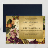 FAUX GOLD  RETRO BURGUNDY FLORAL WEDING KAART (Voorkant / Achterkant)