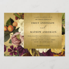 FAUX GOLD  RETRO BURGUNDY FLORAL WEDING KAART