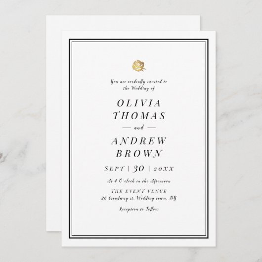 Faux gold roos zwart-wit, minimalistisch huwelijk kaart (Voorkant / Achterkant)