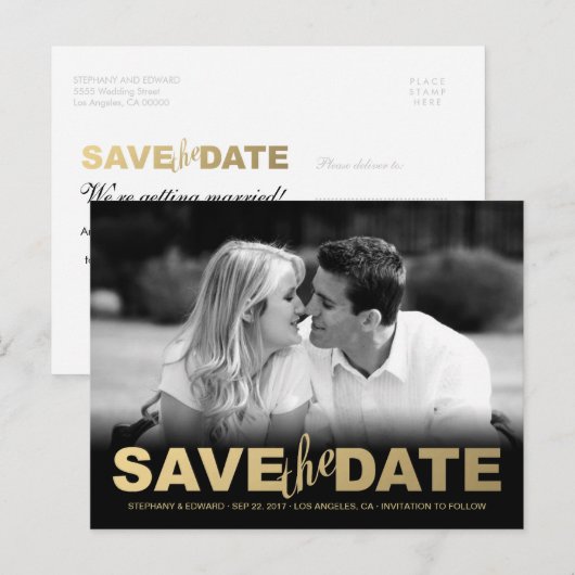 Faux Gold Save the Date Photo Briefkaart (Voorkant / Achterkant)