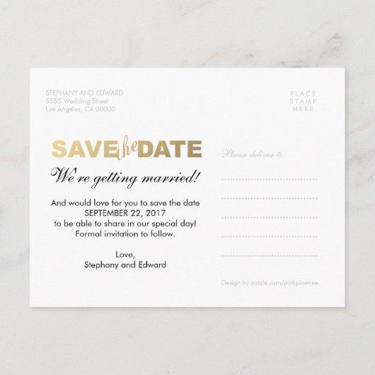 Faux Gold Save the Date Photo Briefkaart (Achterkant)