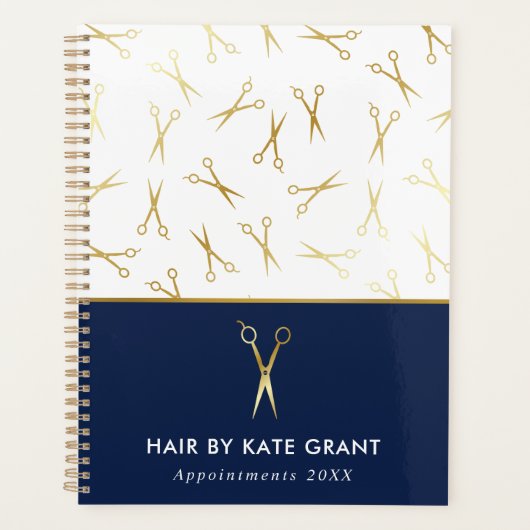 Faux Gold Scissor Blue Hair Stylist Afspraak Planner (Voorkant)