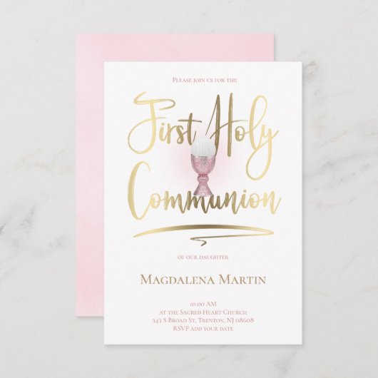 Faux Gold script First Heilige Communie Kaart (Voorkant / Achterkant)