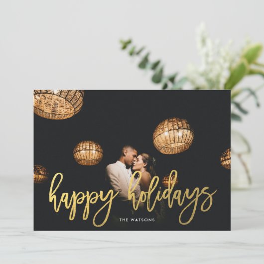 Faux Gold Script Prettige feestdagen kerstfoto Feestdagenkaart (Staand voorkant)