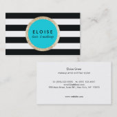 Faux Gold Sequin Black en White Striped Turquoise Visitekaartje (Voorkant / Achterkant)