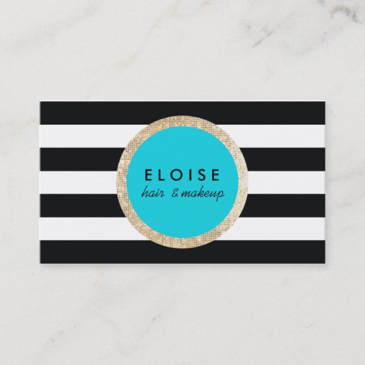 Faux Gold Sequin Black en White Striped Turquoise Visitekaartje (Voorkant)