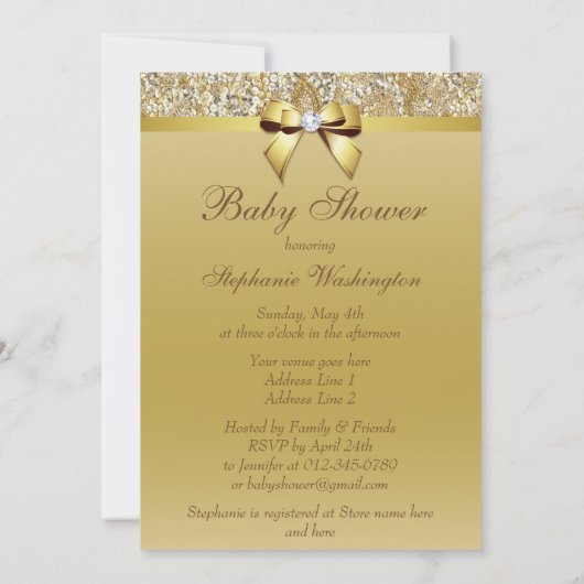 Faux Gold Sequins en Bow Baby shower Kaart (Achterkant)