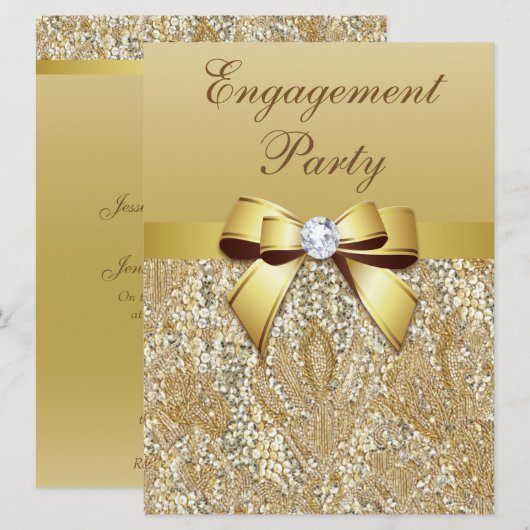 Faux Gold Sequins en Bow Engagement Party Kaart (Voorkant / Achterkant)