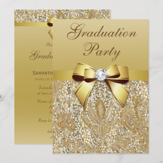 Faux Gold Sequins en Bow Girls Graduparty Kaart (Voorkant / Achterkant)