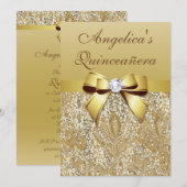 Faux Gold Sequins en Bow Quinceañera Kaart (Voorkant / Achterkant)