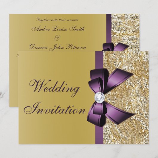 Faux Gold Sequins Paarse Bow Wedding Kaart (Voorkant / Achterkant)