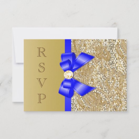 Faux Gold Sequins Royal Blue Bow RSVP Kaart (Voorkant)