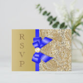 Faux Gold Sequins Royal Blue Bow RSVP Kaart (Staand voorkant)
