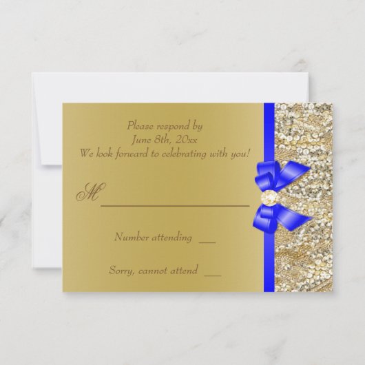 Faux Gold Sequins Royal Blue Bow RSVP Kaart (Achterkant)