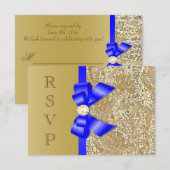 Faux Gold Sequins Royal Blue Bow RSVP Kaart (Voorkant / Achterkant)