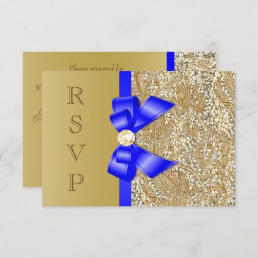Faux Gold Sequins Royal Blue Bow RSVP Kaart (Voorkant / Achterkant)