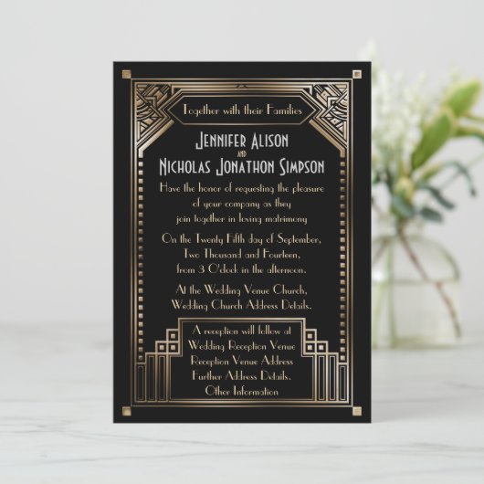 Faux Gold Shaded Art Deco Bruiloft Kaart (Staand voorkant)