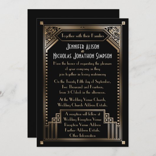 Faux Gold Shaded Art Deco Bruiloft Kaart (Voorkant / Achterkant)